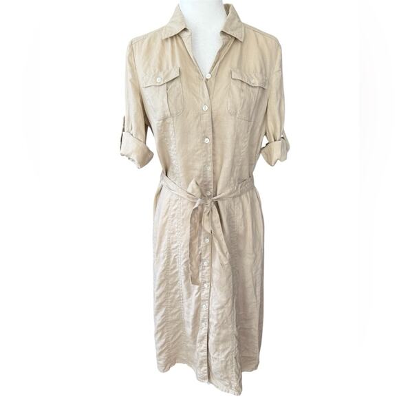 Saks Fifth Avenue Women's Linen Button Down Khaki Tan Tie Button Down Dress- 6 - Picture 1 of 9